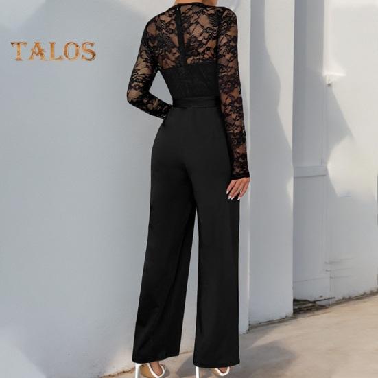 Γυναικεία Φόρμα Επίσημη Δαντέλα Μακρυμάνικη Παντελόνι Ευρύ Πόδι Ψηλόμεσο Ρομπέρ με Ζώνη Καλοκαιρινό Ολόσωμο Φόρμα