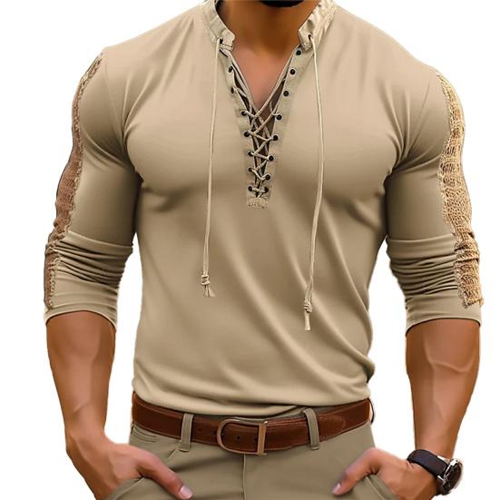 T-shirt da uomo slim fit tinta unita con scollo a V e lacci a maniche lunghe, top muscolari, camicie da uomo adulte ad alta elasticità