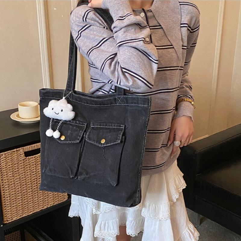 Double Pocket Design Denim Shoulder Bags for Women Large Capacity Ladies Students Tote Outing Travel Portable Female Handbags