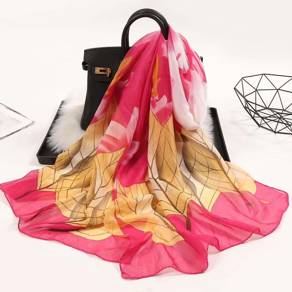 Chiffon Lotus Print Long Scarf - Lightweight, Thin Spring/Autumn Silk Accessory for Middle-Aged & Elderly