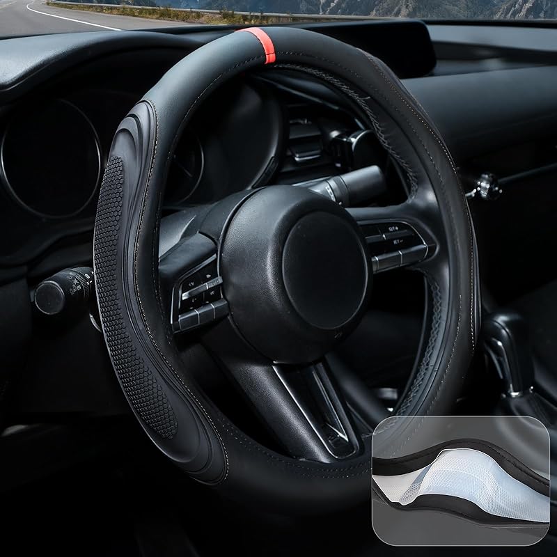XCBYT Steering Wheel Cover - Black Leather Steering Wheel Wrap Great Grip With 3D Honeycomb Quick And Effortless Tallation Non-Slip Silicone Inner