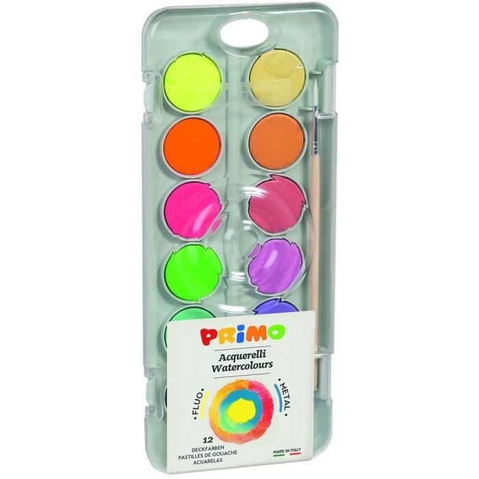 PRIMO 115A12FM Pastilles de goauche spéciale Ø 30 mm, avec couvercle/palette, 8 métallisées et 4 fluos.