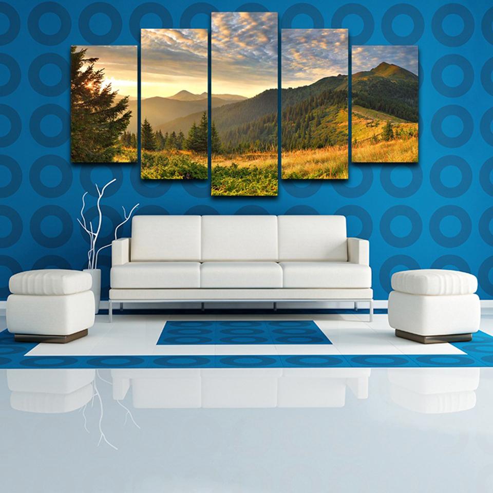 5 Piece HD Print Painting Canvas Home Decor Sunset Mountain Clouds Green Nature Landscape Poster Modular Wall Art Pictures No Frame No Frame