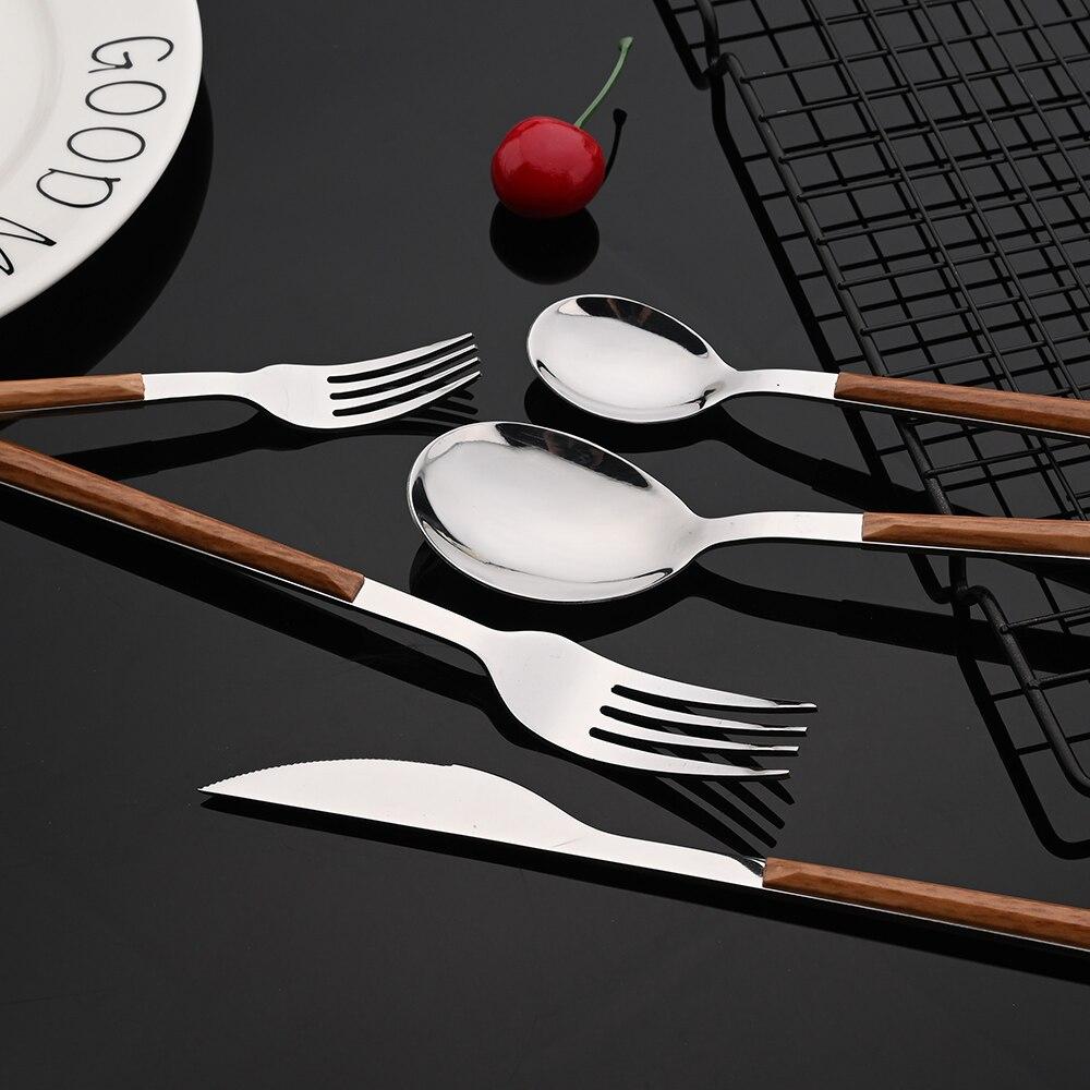 Westliches Geschirr-Set mit Holzgriff, Edelstahl, 10/20/30/40 Stück, Steaktisch, Messer, Gabel, Löffel, Dessertgabel, Besteck, Besteck