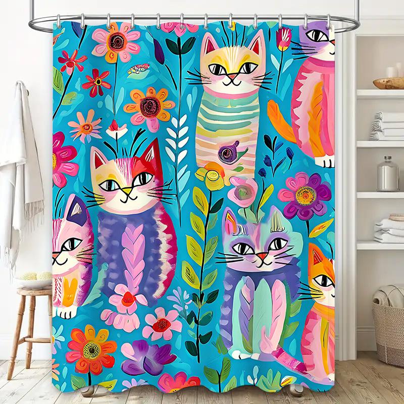 Colorful Cat Shower Curtain Blue Floral Pattern for Bathroom Decor Polyester Fabric 180x245cm Buy on .com