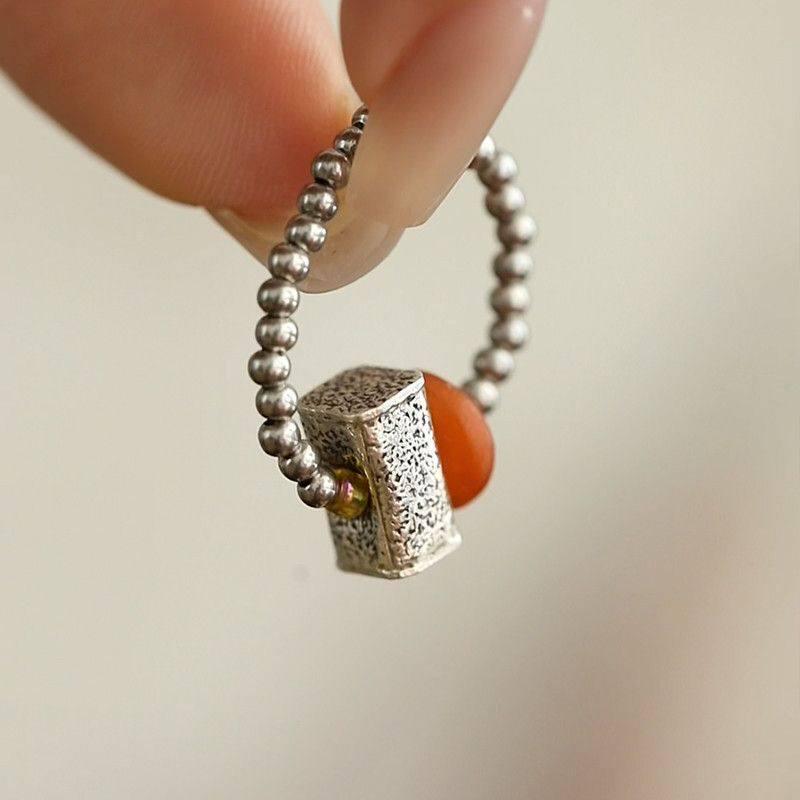 925 Sterling Silver Persimmon Tōtō Ring with Beeswax Elastic Cord: Retro Round Sky Square In New Chinese Style for Safety and Good Fortune