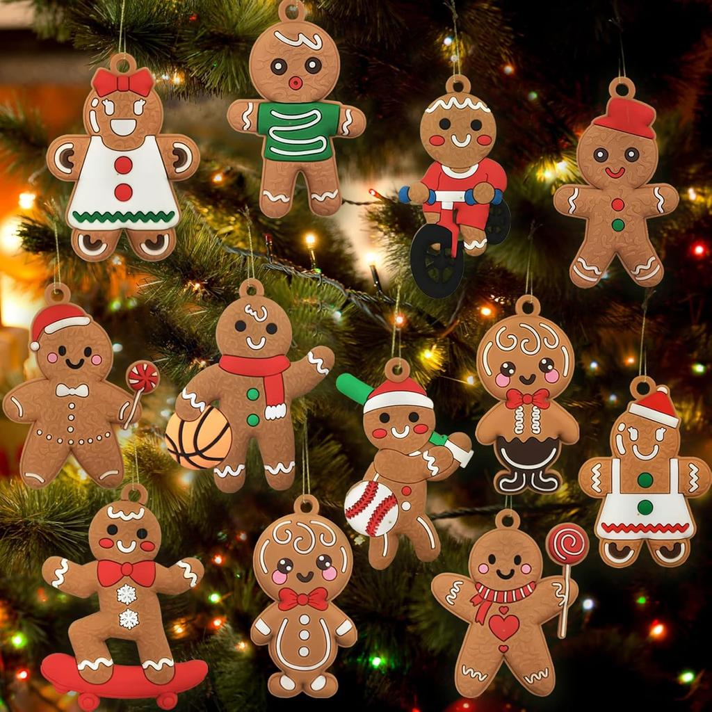 12pcs Gingerbread Man Ornaments for Christmas Tree, Assorted Plastic Gingerbread Figurines Ornaments, Christmas Tree Hanging Decorations, 3 Inch Tall