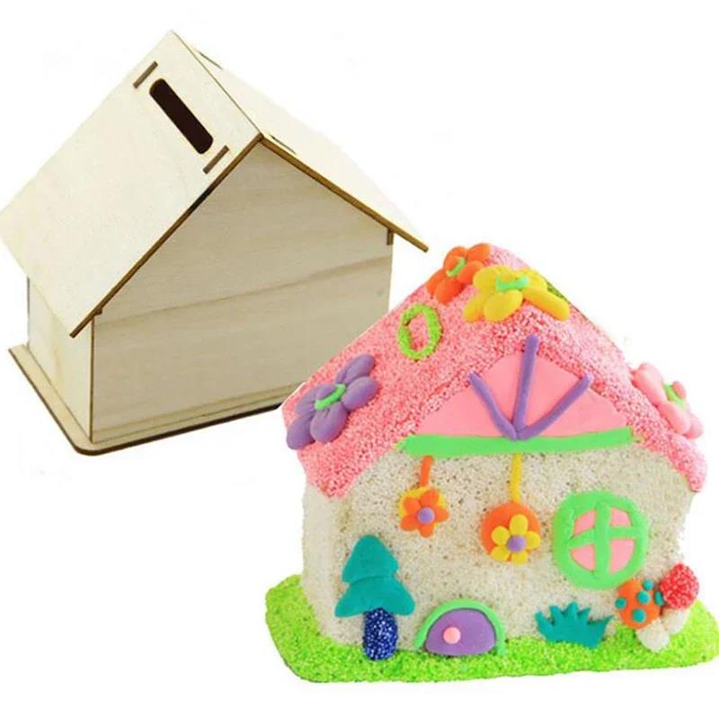 Wooden House Storage Box DIY Painting Blank Wood Holder Money Candy Container Desktop Home Box  Wood Color