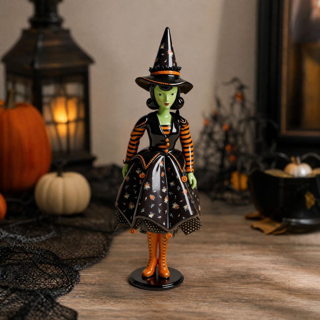 Witch Figurine Halloween Decoration, Resin and Fabric Tabletop Decor for Shelf Mantel Home
