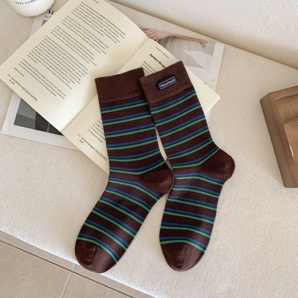 Female Spring and Autumn Retro Striped Cloth Logo Leisure Sports Boneless Tube Stack Socks