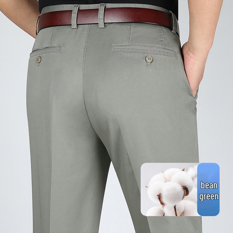 Men's High Waist Straight Leg Cotton Pants - Summer Casual, Solid Color, Middle-Aged, Loose Fit, Deep Crotch, Dad Trousers