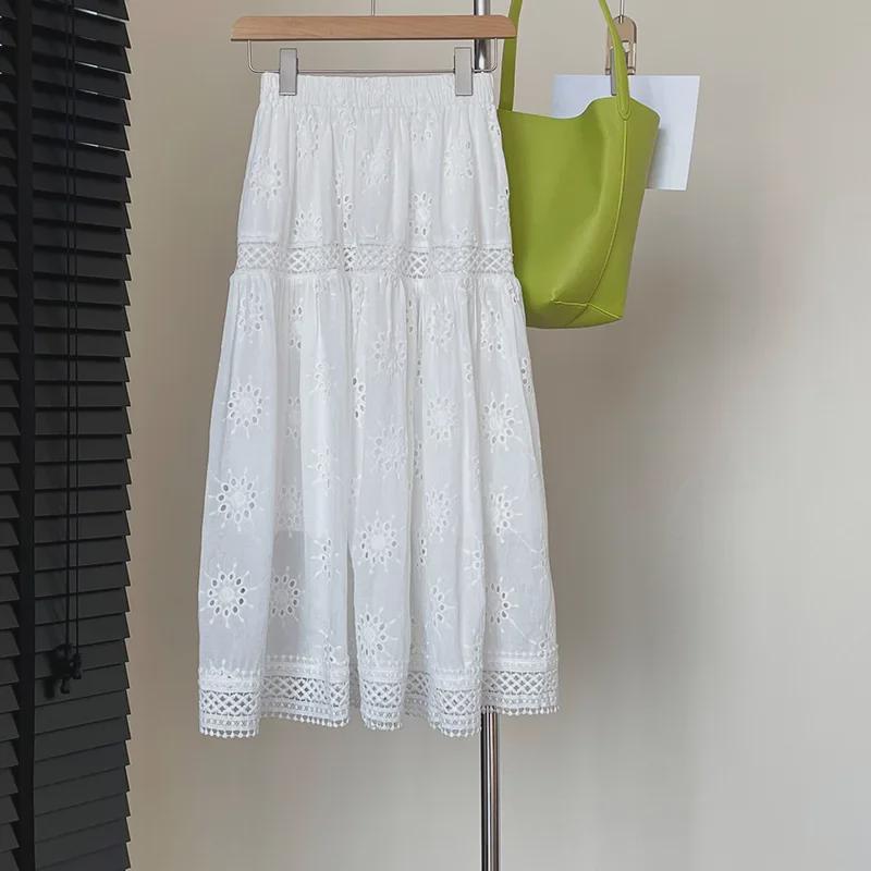 "Little Fresh" Solid Color Lace Hollow Cotton Umbrella Skirt - Women’s White Skirt