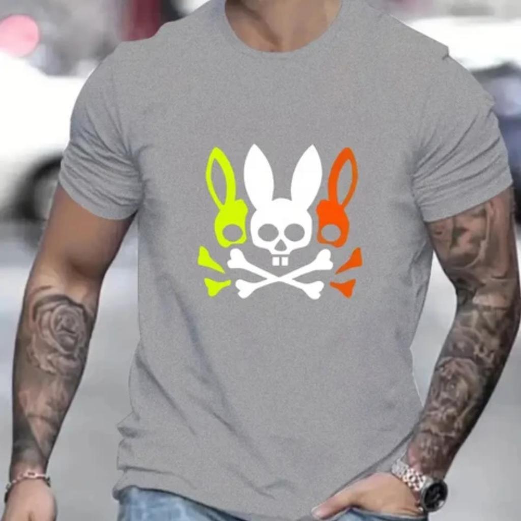 Men's colorful rabbit logo printed T-shirt, hip-hop trend Harajuku street clothing, round neck short sleeved casual top,