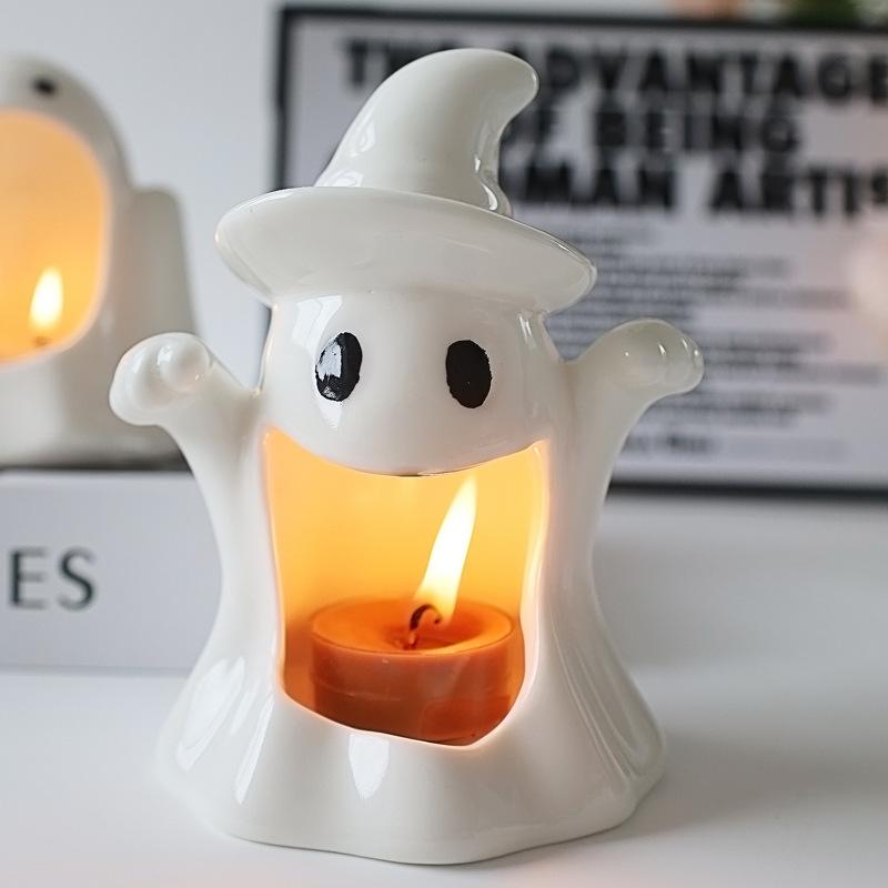 Cartoon Candlestick Ceramic Ghost Candlestick Halloween Ghost Candle Holder Home Desktop Decorative Ornaments Handicraft
