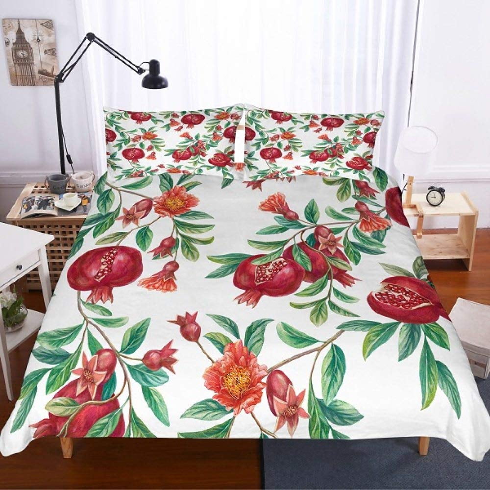 Red Pomegranate Duvet Cover Summer Tropical Fruit For Women Children Green Leaves Quilt Cover For Bedroom Decorations Warm Soft