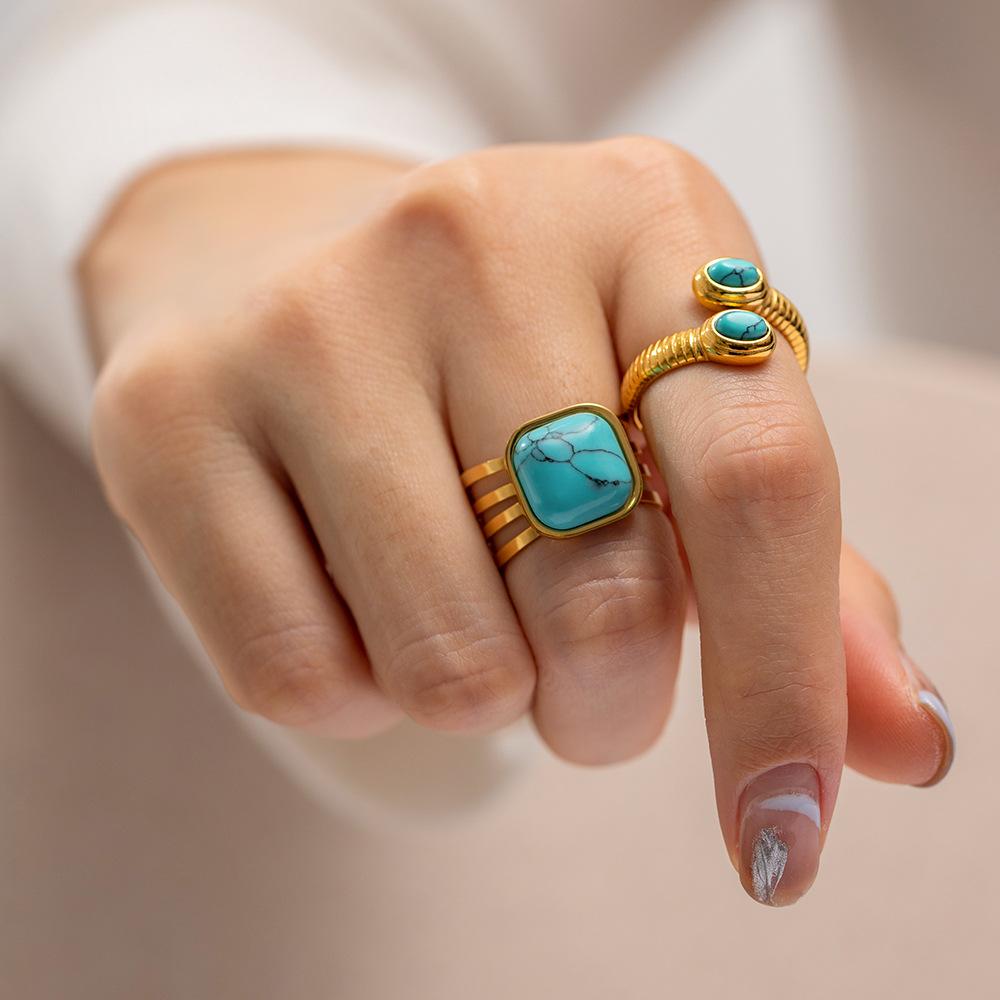 Yori Natural Turquoise Stone Stainless Steel Ring Summer Bohemia Woman Charm Texture Waterproof Jewelry for Women