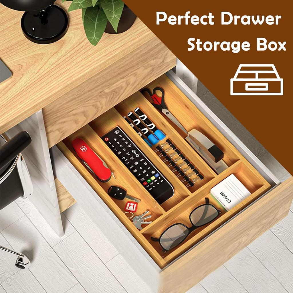 Bamboo Storage Box: 5-Compartment Cutlery and Silverware Tray for Kitchen or Bedroom