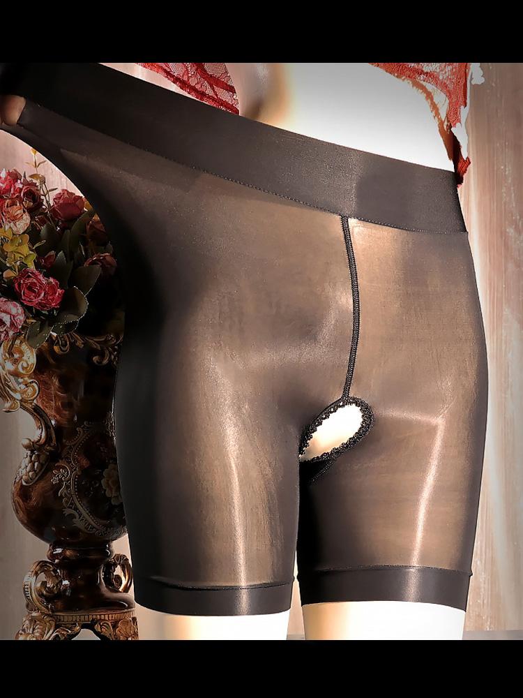 Sexy Women Oil Gloosy Elastic Briefs Underwear Safe Bottom Wear Sexy Sheer See Through Maid Tights Open Crotch Plus Size