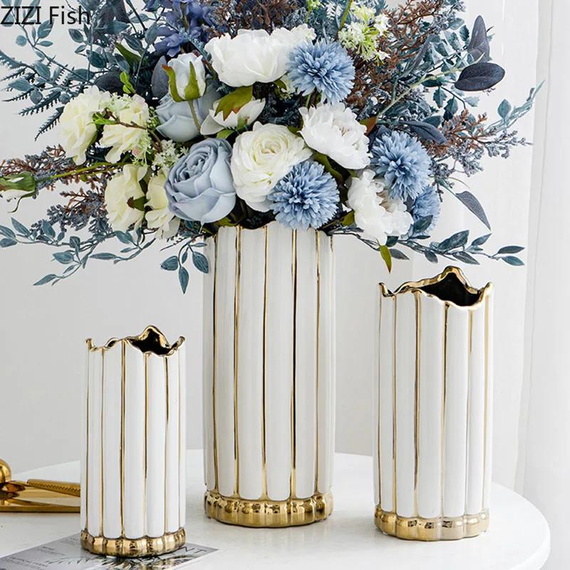 Zlacená malovaná keramická váza Válcové vázy na květiny Dekorace na stůl Ornamenty Květinové aranžmá Nordic Home Decor