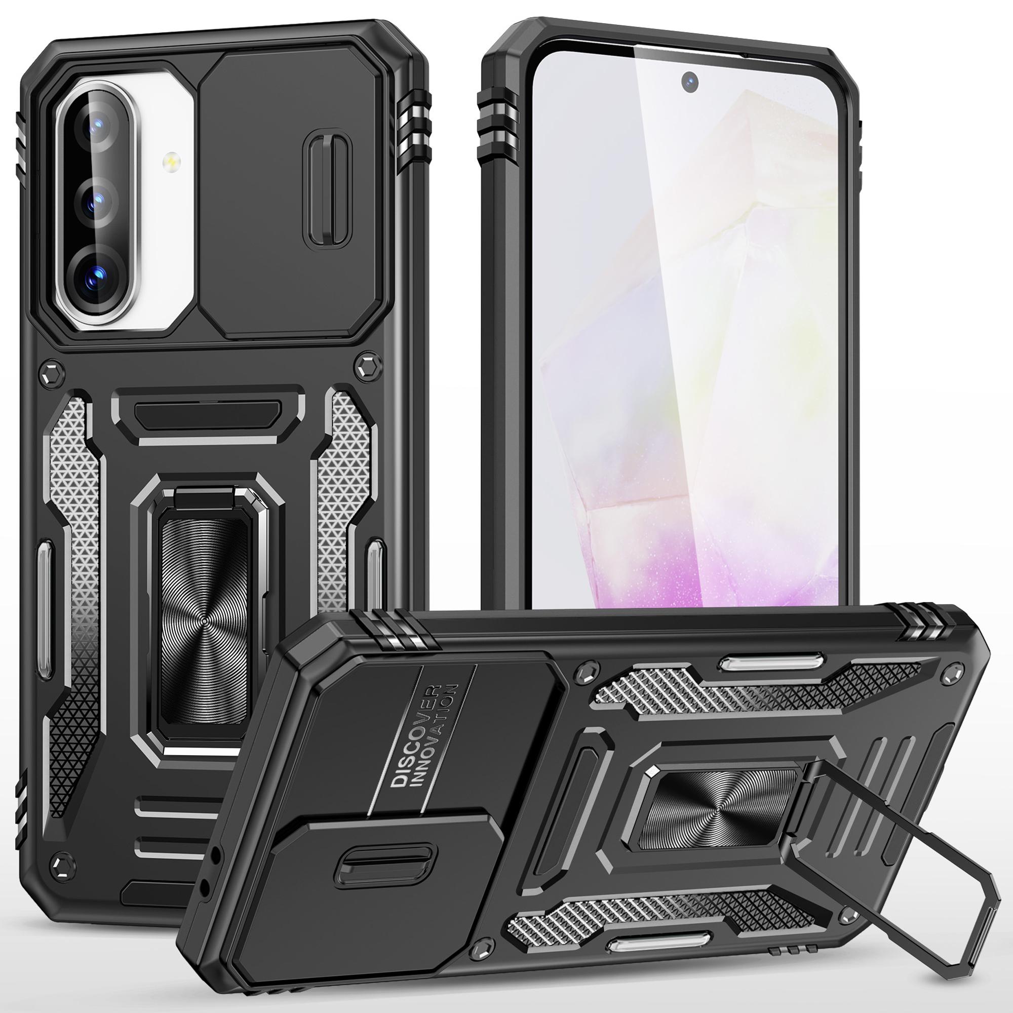 

For Samsung Galaxy A36 5G/A56 5G Case Kickstand Slide Lens Lid PC+TPU Drop-Proof Phone Cover Black