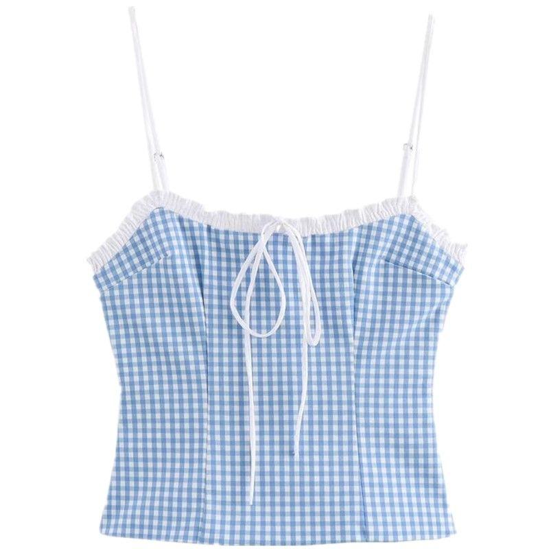 

Fashion Style 2024 Summer New Women s Sling Easiest for Match Plaid Gingham Short Top 3152019 044 Blue XS