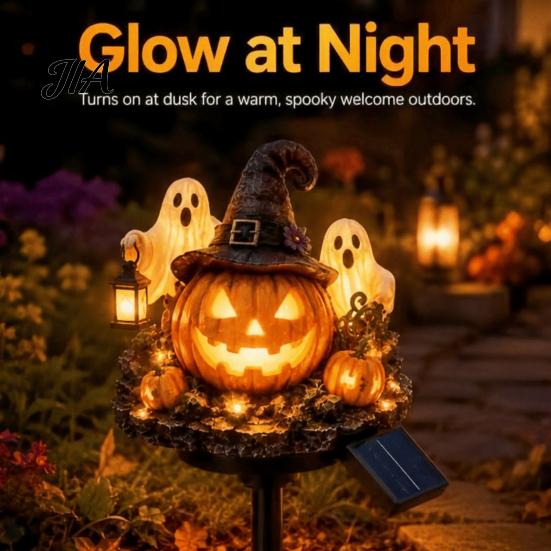 Illuminated Wizard Hat Pumpkin Solar Halloween Garden Stake Light, Waterproof LED Yard Decoration with Ground Plugs And Ghost, Outdoor Walkway