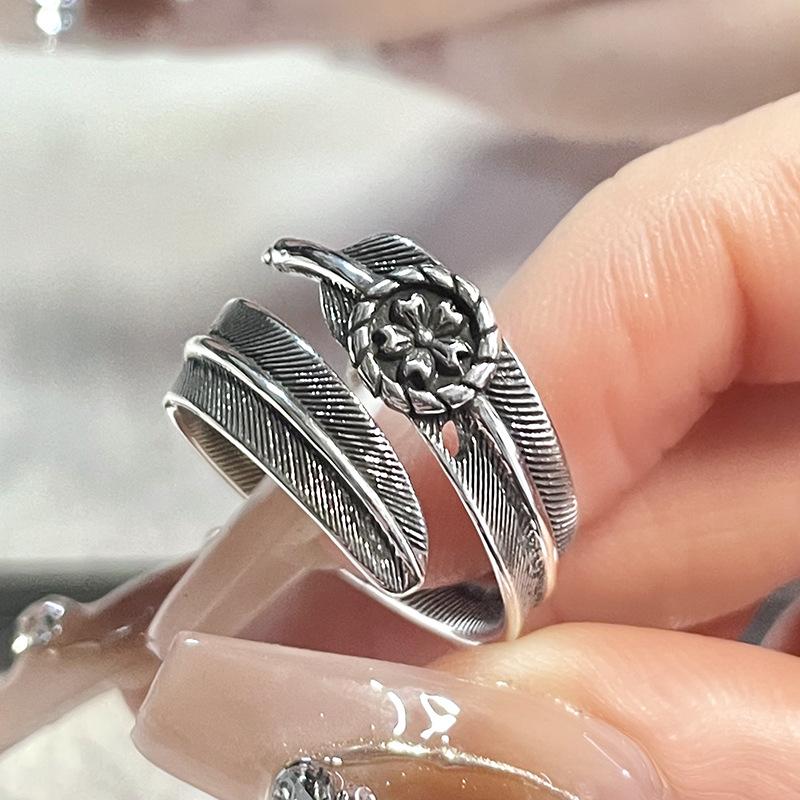 Feather Graffiti Open Ring, Punk Retro Retro Personality Combination Stacked Index Finger Ring, Cool Niche Design