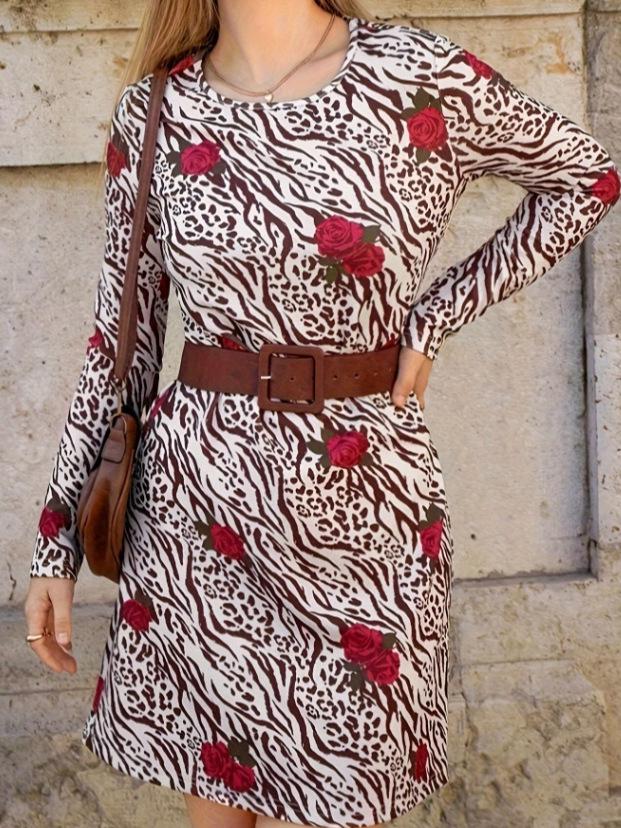 

2025 Rose Print Long Sleeve Floral Dress S білий