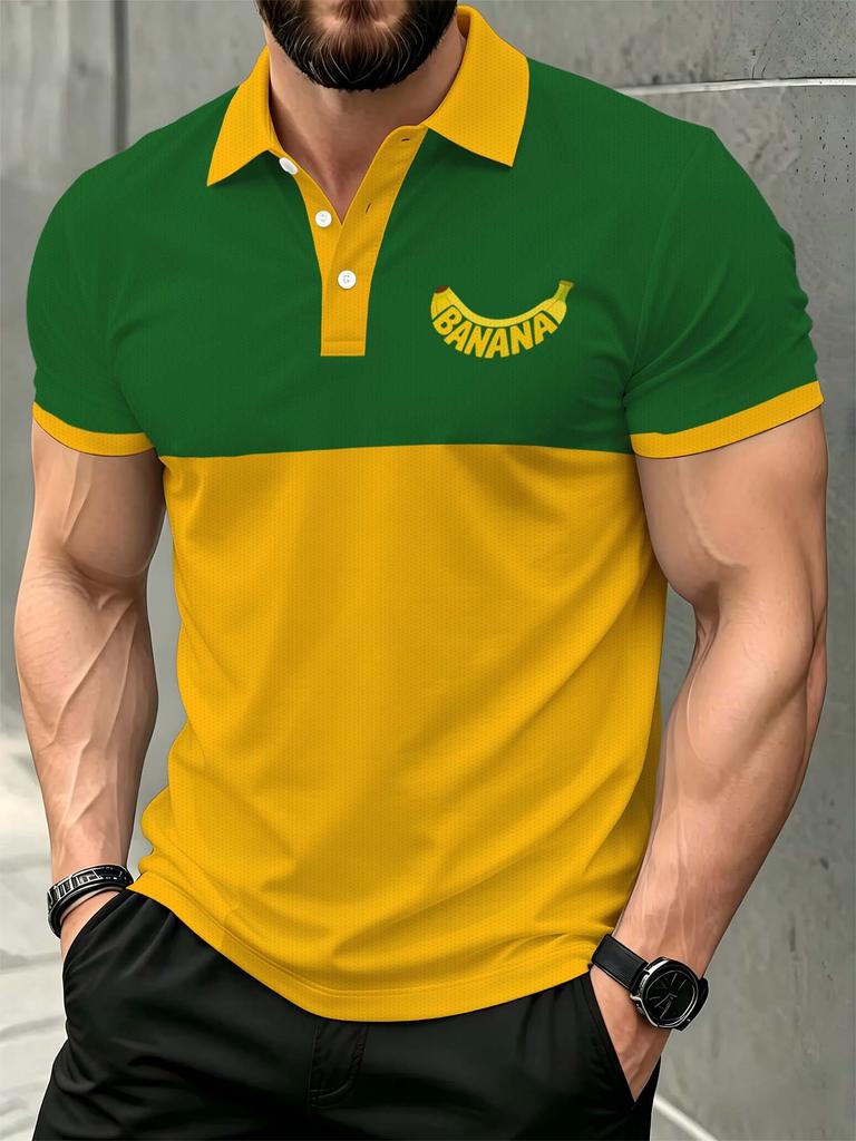 Men'S Outdoor Polo Shirt, Multi-Size Available, Yellow-Green Color Block, Banana Print on Chest, Vibrant Casual Fashionable Comfortable, Men'S Top