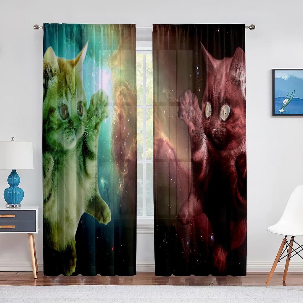 Niedliche Katzen Weltraum Kawaii Kätzchen Tüll Vorhänge für Schlafzimmer Flur Wohnzimmer Dekor Chiffon Sheer Voile Vorhang Küche Vorhänge