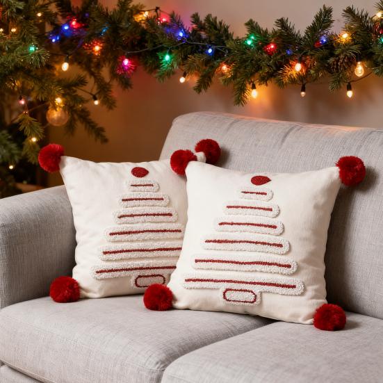 Christmas Tree Pattern Throw Pillowcase with Tassel Hair Ball Decoration Pillow Cover Farmhouse Style Cushion Cover