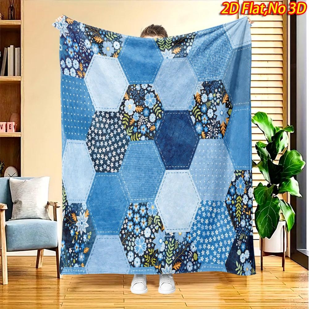 1pc 2D Flat Printing Spring & Summer New Arrival Blue and White Floral Hexagon Patchwork Digital Print Blanket, Suitable for All Seasons, Casual Throw