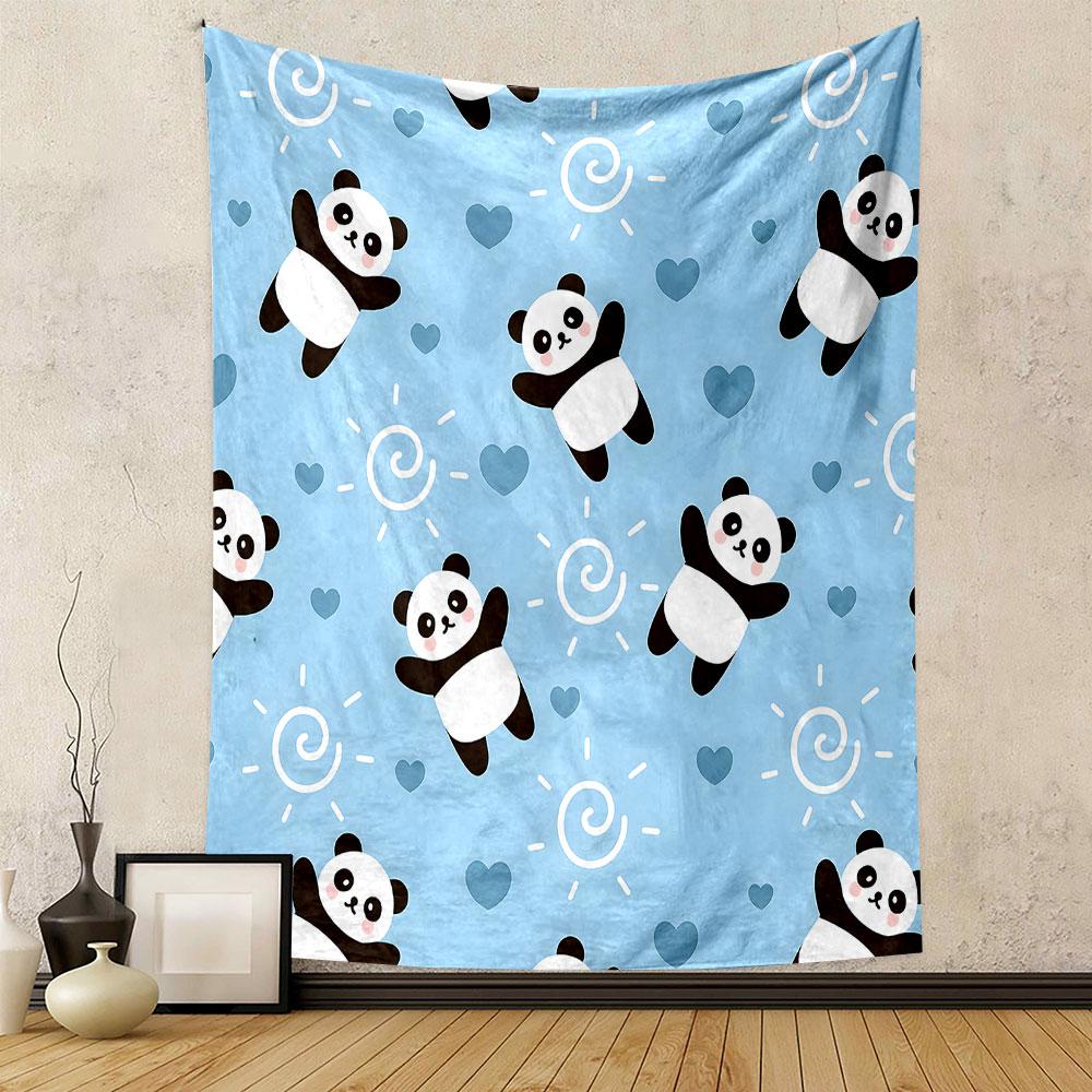 Cute Panda Pattern with Hearts and Swirls Patterned Tapestry Home Decor, Suitable for Bedroom and Living Room, Gift