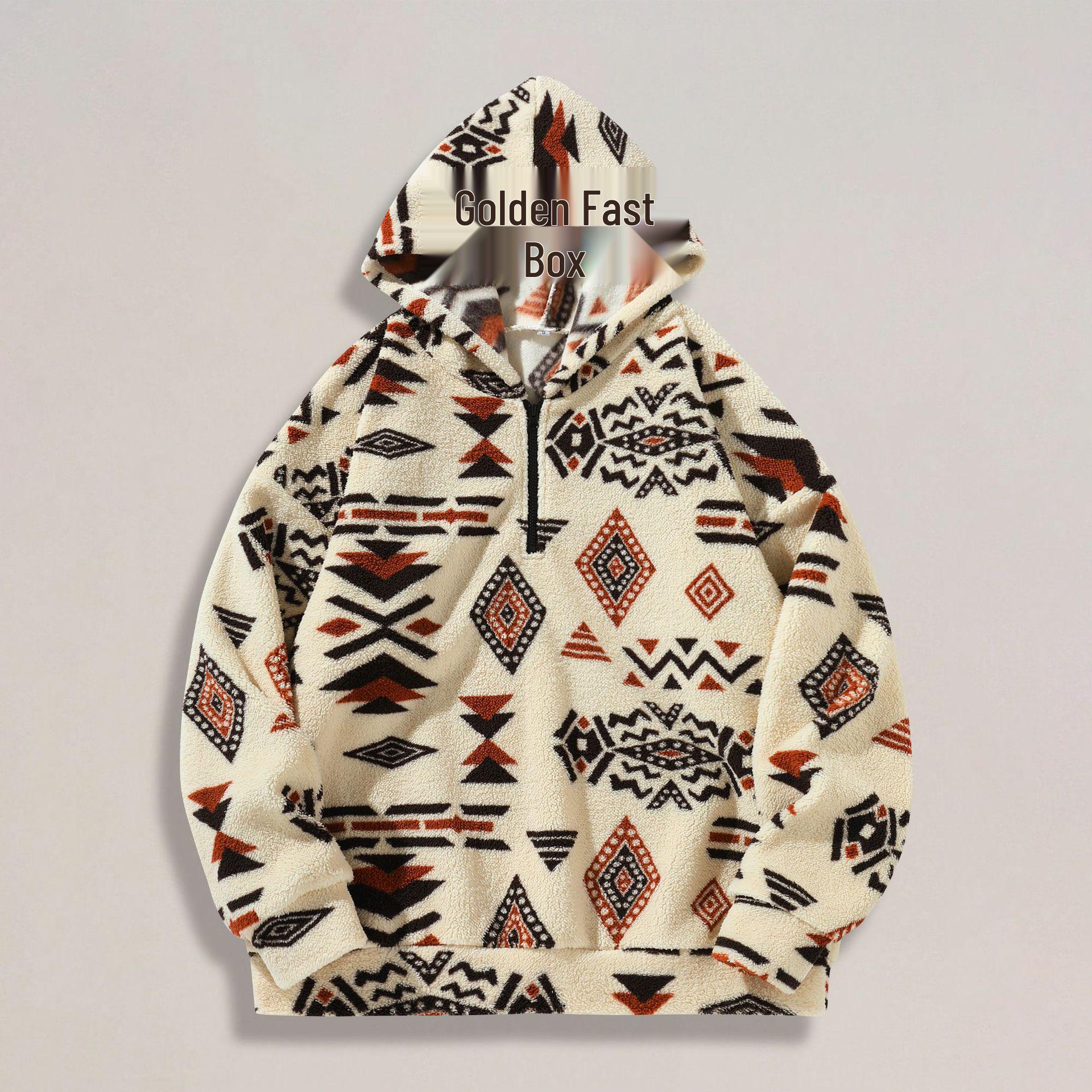 

Men s Ethnic Style Warm Hooded Half-Zip Top - Cozy Long-Sleeve Japanese Texture for Fall & Winter M