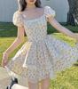 Floral Puff Sleeve Dresses Women Summer Bow Sweet Korean Style Backless Dress