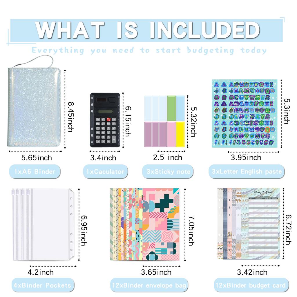 A6 Glitter Hand Zip Tasche Loseblatt-Binder Notizbuch mit 12 Stück Umschlag Tasche Notizbuch Planer Büro Schreibwaren