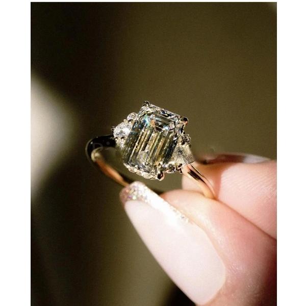 Women’s Emerald Cut Engagement Ring – Gold Plated Band with Emerald Center and Round Side Stones, Elegant Bridal Jewelry Gift for Her