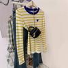 Yellow Love Striped Knitted Long-sleeved Shirt Women's Early Spring Design Sense Niche Slim-fitting Front Shoulder Top Small Man