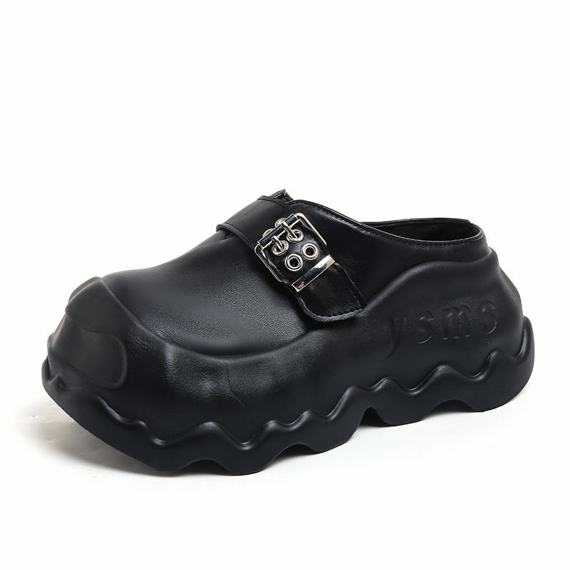 Fashion Slippers Women 2025 New Autumn Winter 8cm Thick-soled Half Slippers Leather Female Wear Fashion Closed Toe Women Slippers