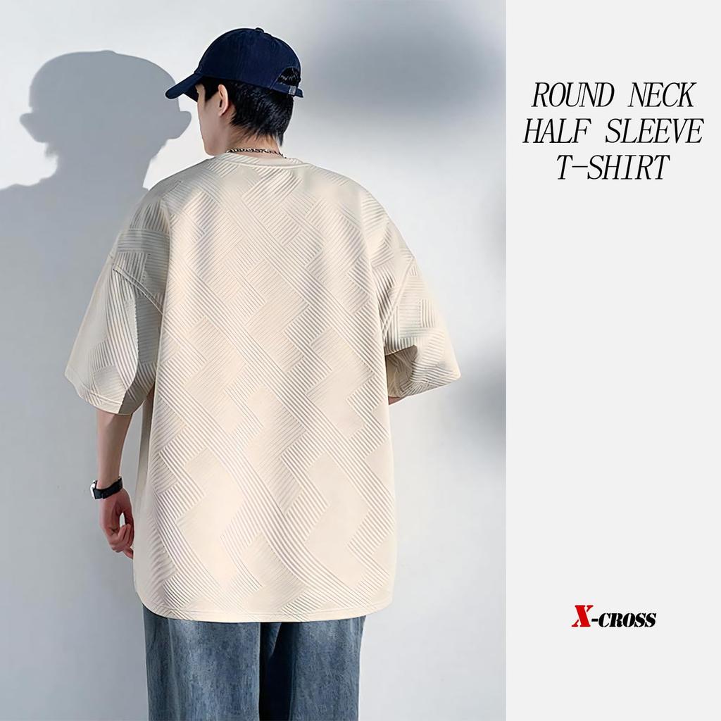 Oversized Short Loose Round Crew Big Korean Cool Short Simple X-cross Men's T-Shirt, Sleeve, Oversized, Solid, Opaque, Fit, 5/8 Sleeves, Polyester,