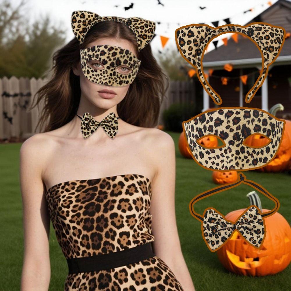 3 Stück/Set Kreatives Halloween-Masken-Stirnband-Set Leopard Halbgesichtsmaske Cosplay-Requisiten