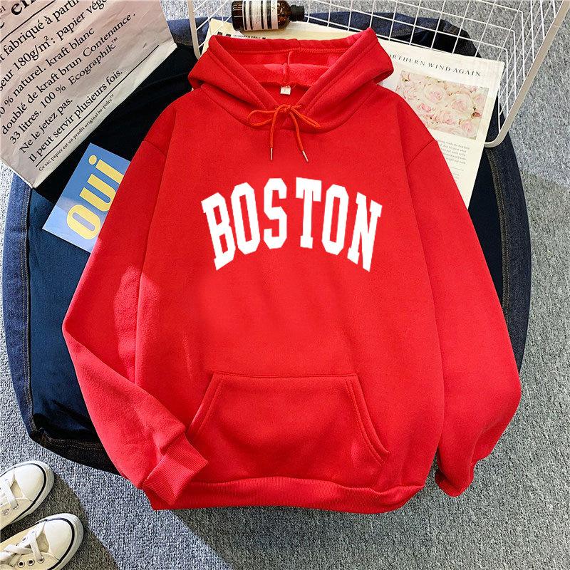 Women's Hooded Long Sleeve Sweatshirt Loose Fit Lazy Style Boston Letter Print Pullover Hoodie Vintage Autumn Winter Warm Outerwear