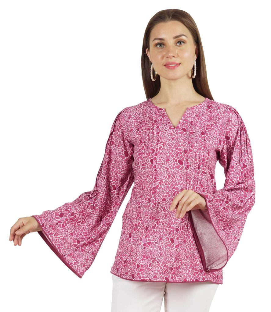 Moomaya Printed Top Full Sleeve Pleated Rayon Kurta Short Tunic Summer Blouse For