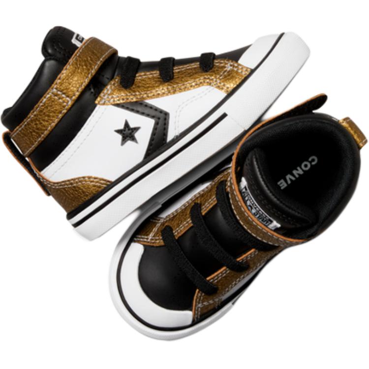 Converse Pro Blaze Strap Soft Versatile Comfortable Mid-Top Walking Shoes Baby Shoes White Black Gold A05526C