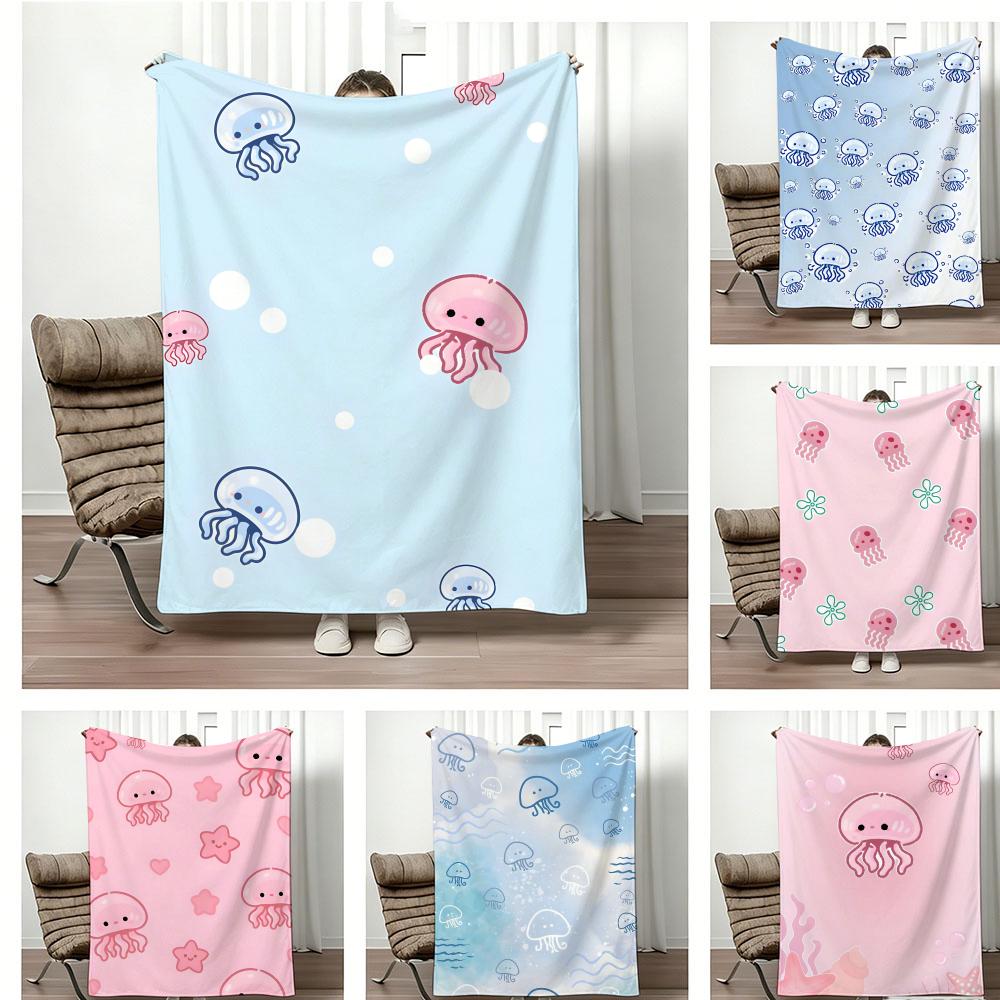 Pastel Underwater Cute Jellyfish Throw Lightweight 240G Flannel Blanket Soft Skin-Friendly For Summer Cooling