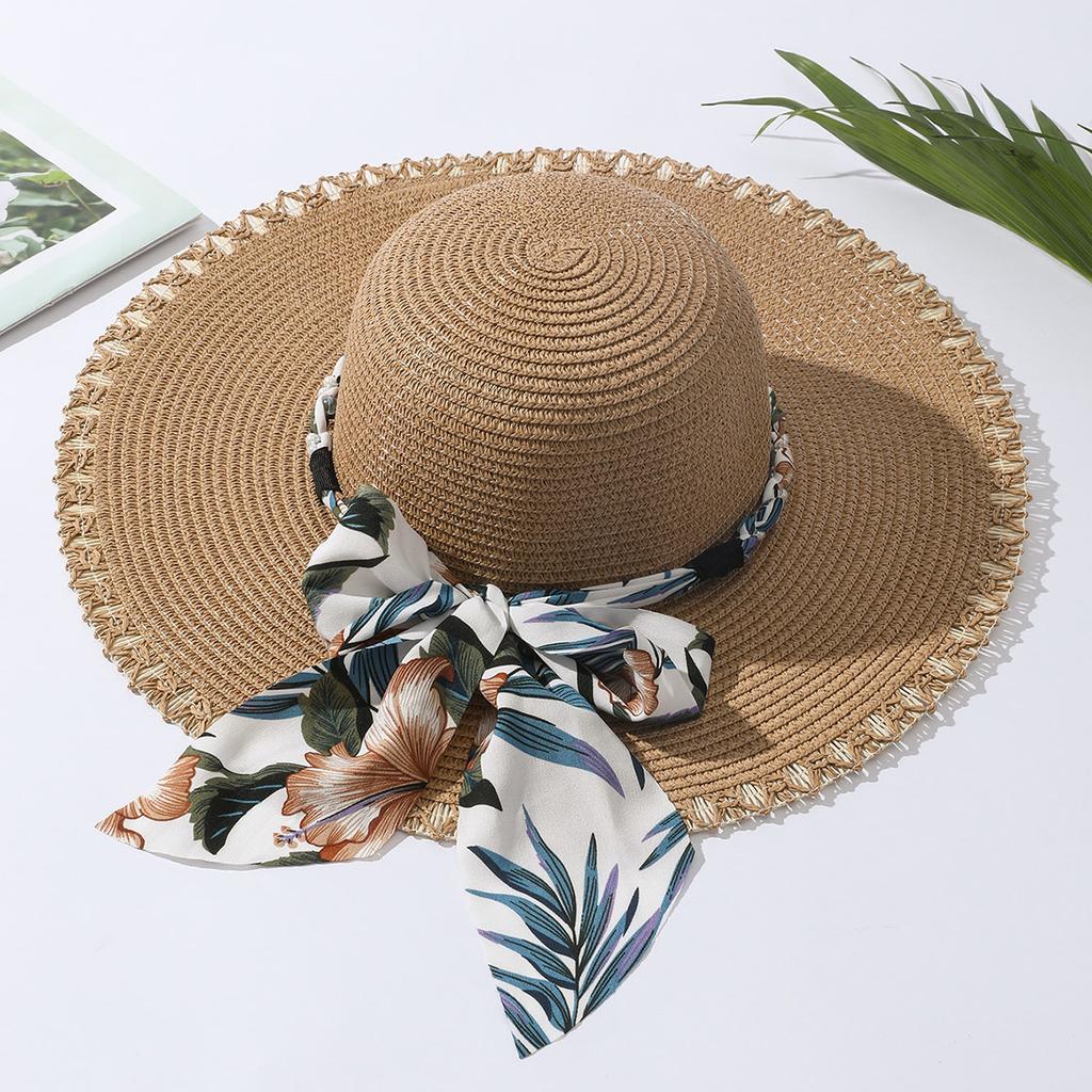 Fashion Bow Big Brim Straw Hat Women's Summer Sunshade Straw Hat Vacation with Sun Hat Dome Foldable