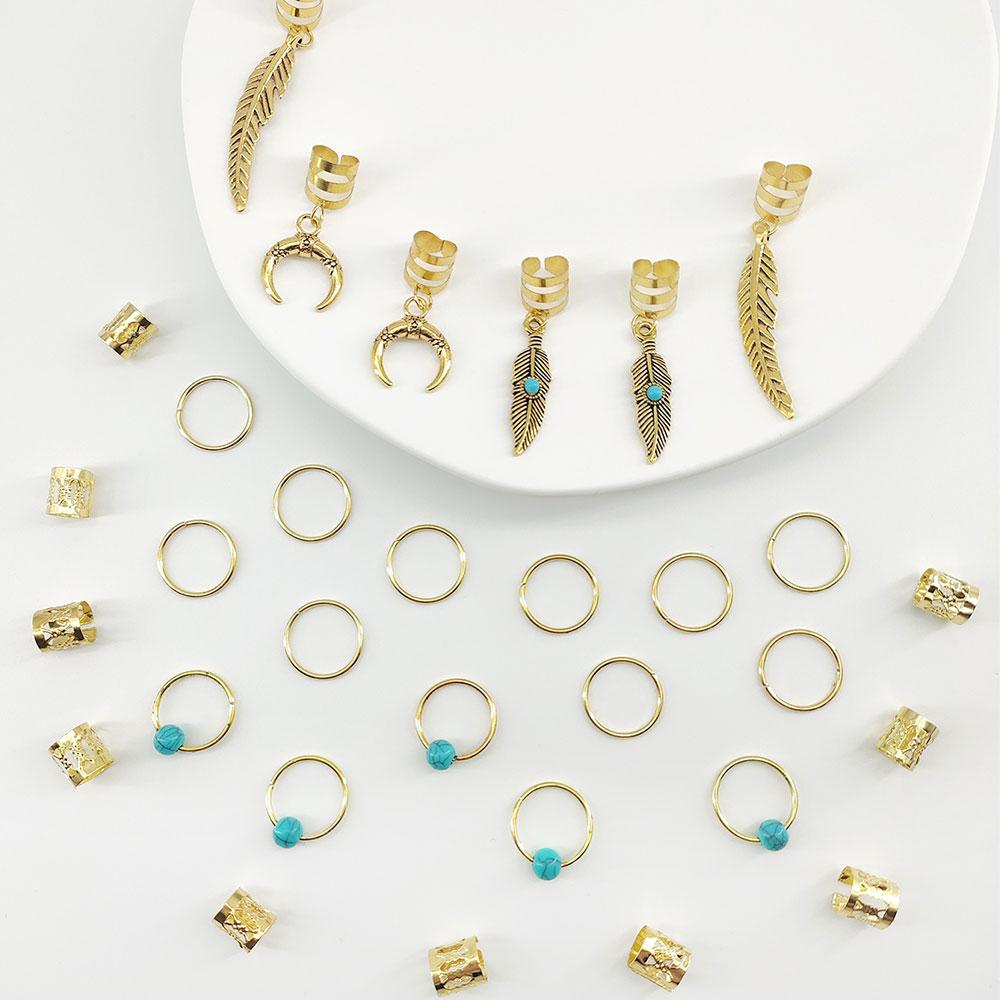 31pcs Turquoise Pendant Dreadlock Hair Beads Feather Hair Braid Rings For Women Hair Jewelry Locks for Braids Hair Accessories