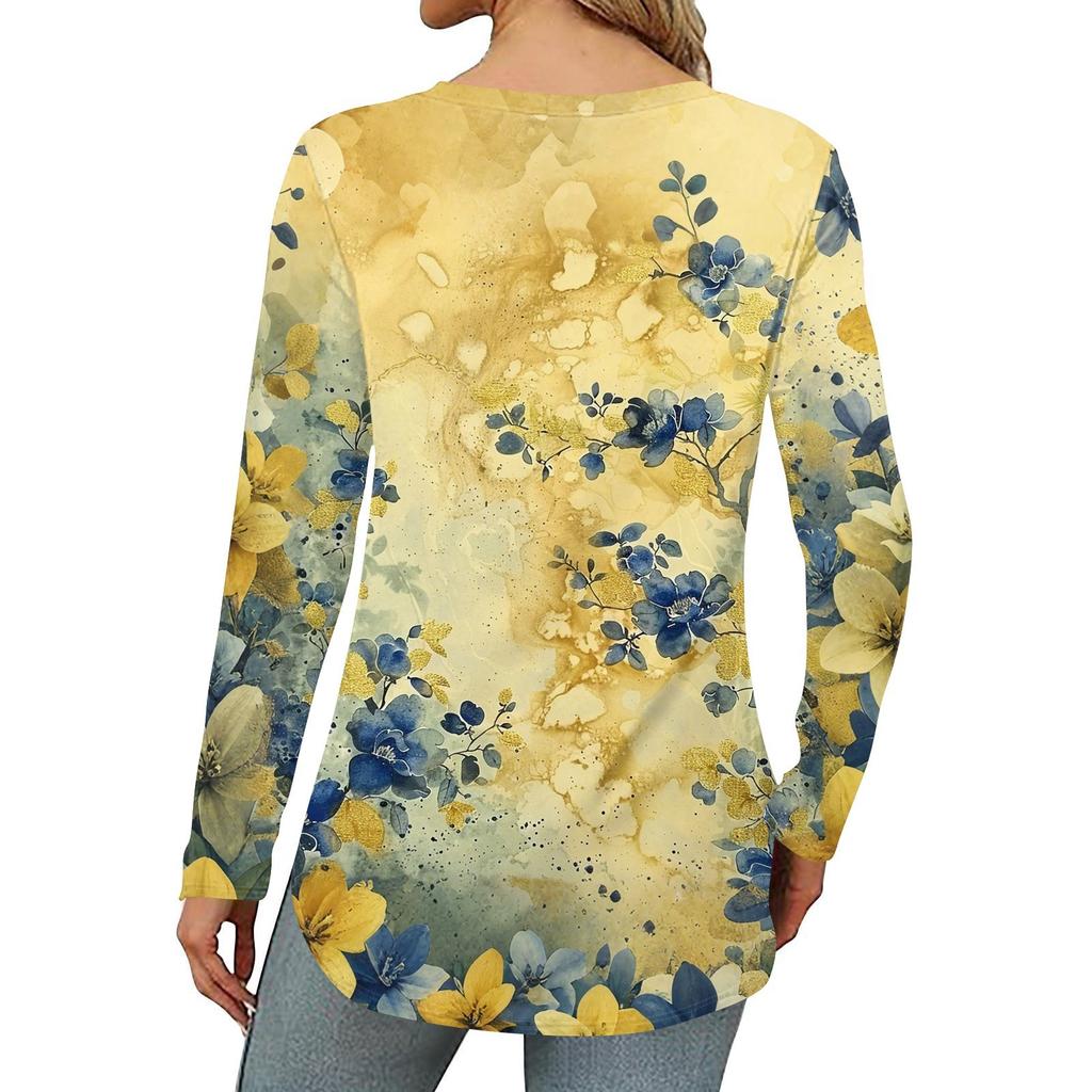 Women's Loose Round Neck Print Long Sleeve T-Shirt Top Pullover