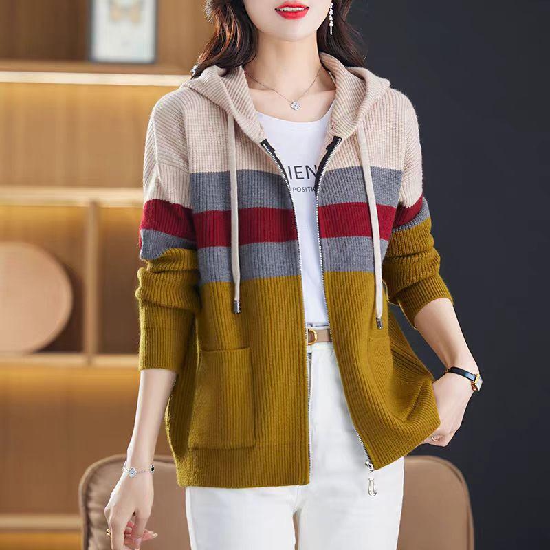 Hooded Striped Cardigan Women's Spring and Autumn Sweater Sweatshirt Casual Knitted Sweater Loose Knitted Cardigan