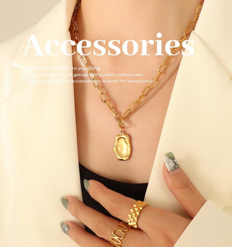 Gold Plated Titanium Steel Double Layer Irregular Pendant Necklace - European & American Hip Hop Style Clavicle Chain